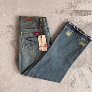 Seven7 Premium Denim Distressed Straight Leg Jeans Blue Contrast Stitch wms 28